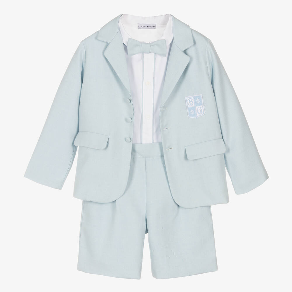 Beatrice & George - Boys Blue Herringbone Cotton Shorts Suit | Childrensalon