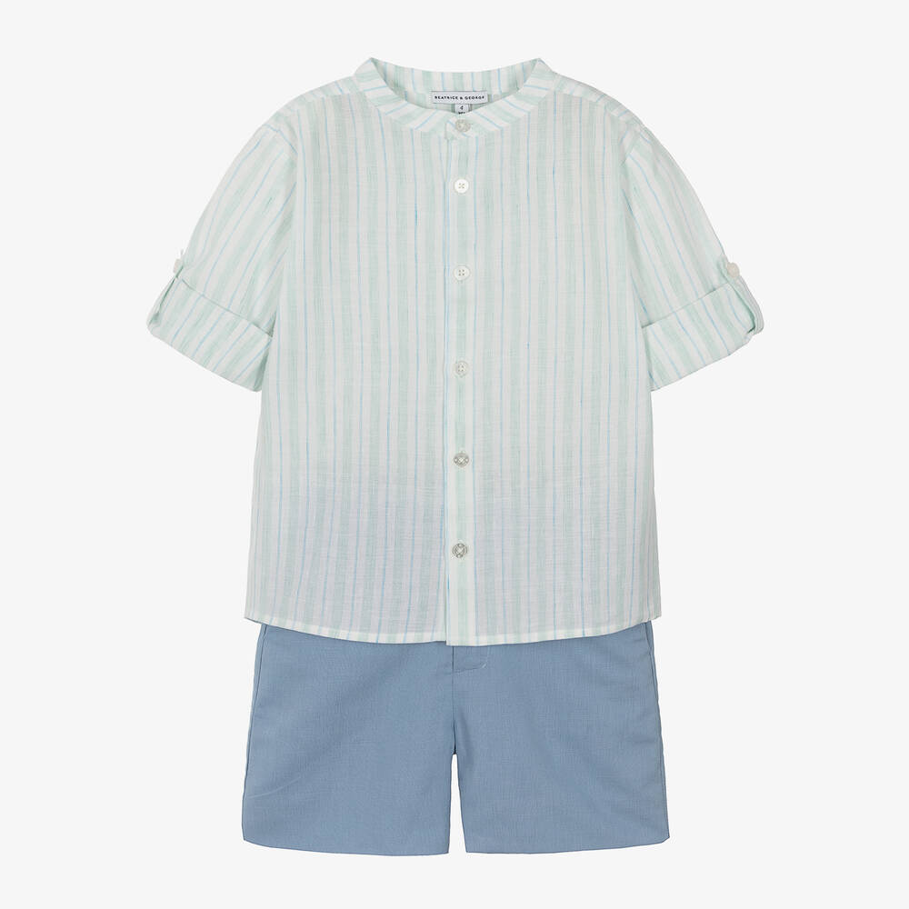 Beatrice & George - Boys Blue Linen Shorts Set | Childrensalon
