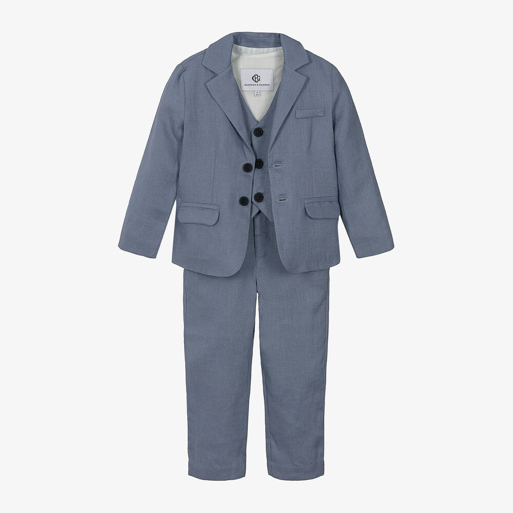 Beatrice & George - Boys Blue Linen Waistcoat Suit  | Childrensalon