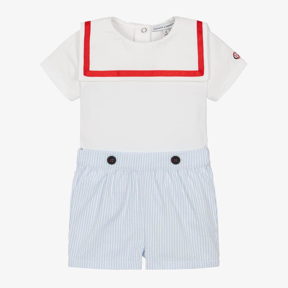 Beatrice & George - Boys Blue Stripe Cotton Sailor Shorts Set | Childrensalon
