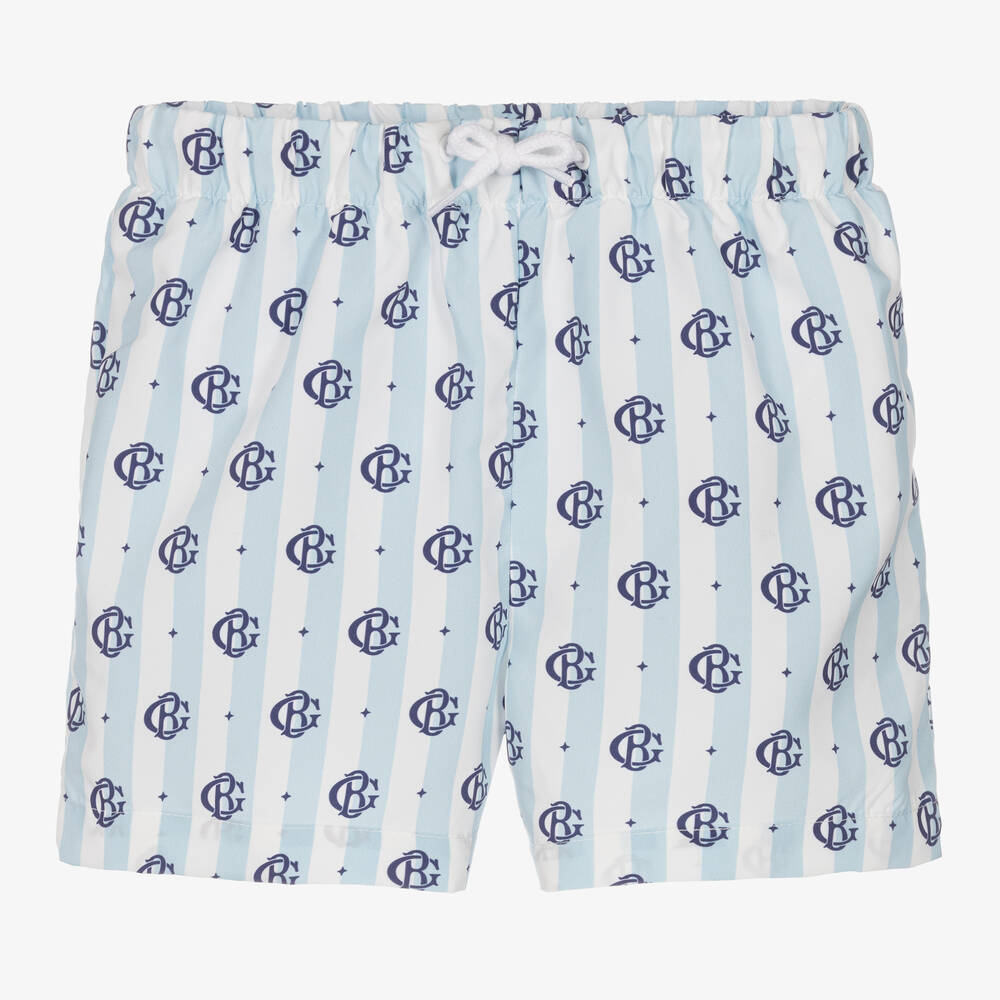 Beatrice & George - Boys Blue Stripe Monogram Swim Shorts | Childrensalon