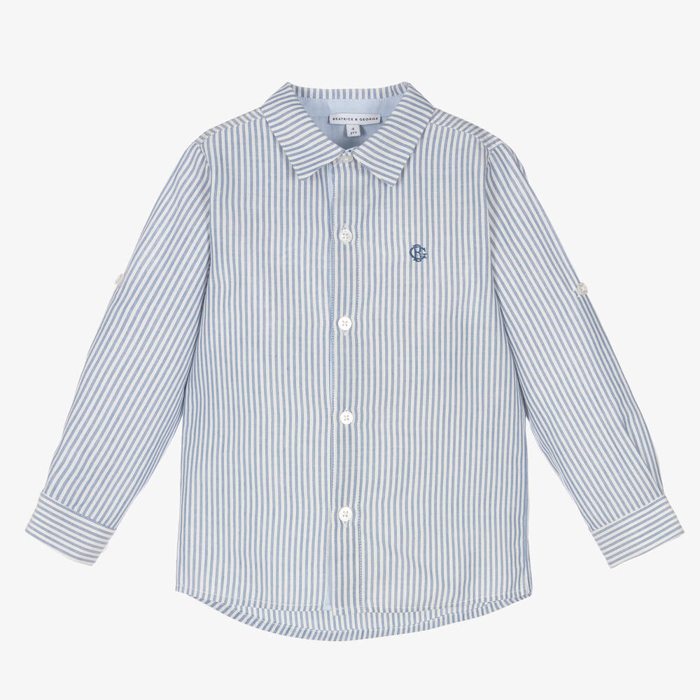 Beatrice & George - Boys Blue Stripe Oxford Cotton Shirt | Childrensalon