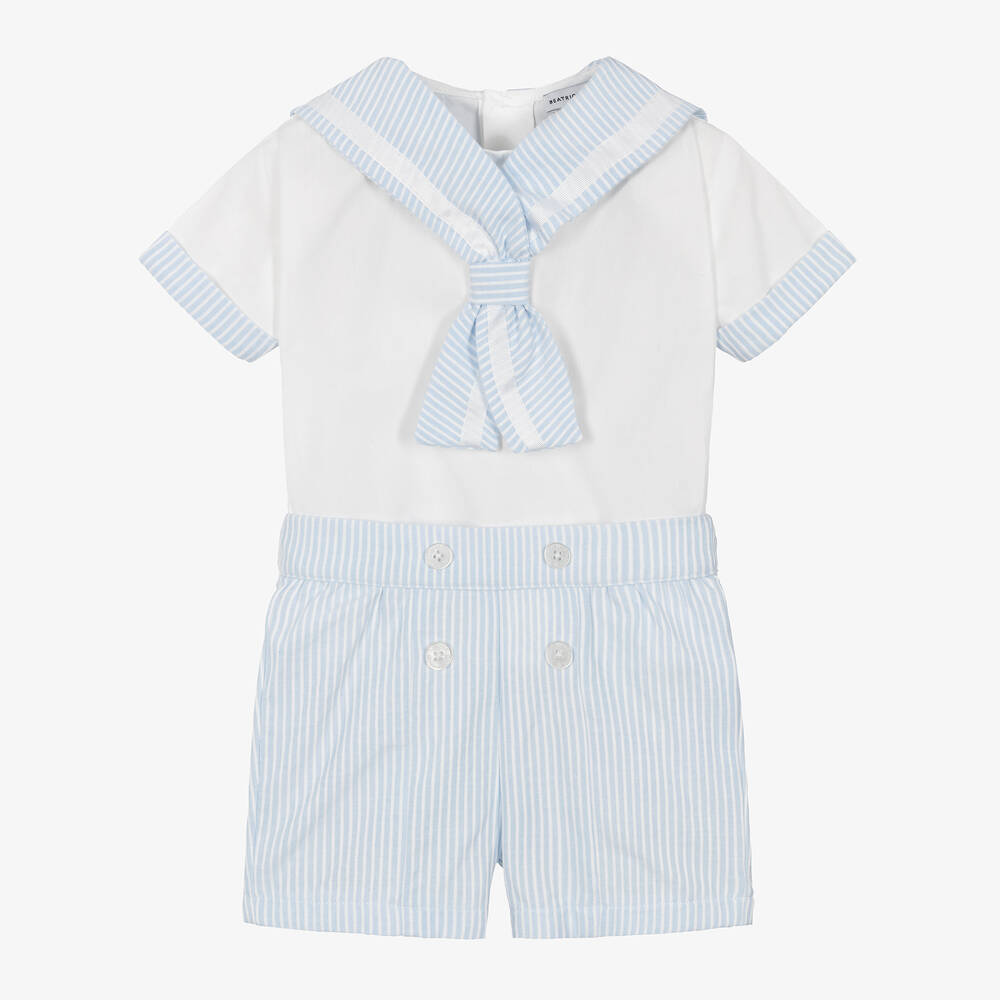 Beatrice & George - Boys Blue Striped Sailor Buster Suit | Childrensalon