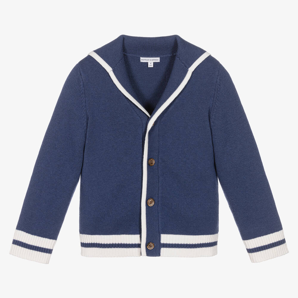 Beatrice & George - Cardigan marin bleu en laine bébé | Childrensalon