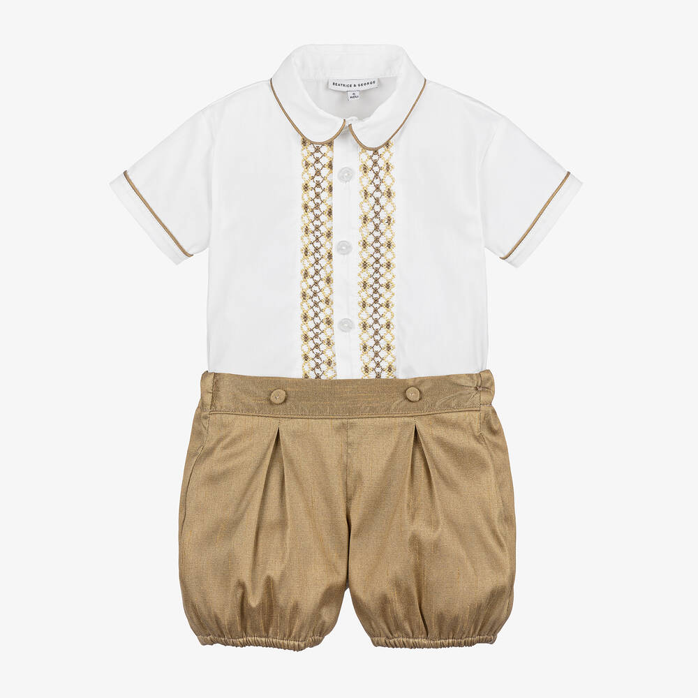 Beatrice & George Babies' Boys Gold Hand-smocked Buster Suit In Burgundy