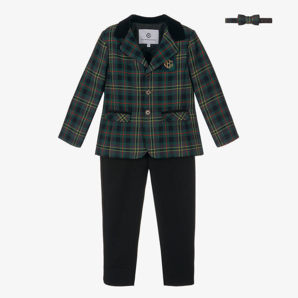 Beatrice & George - Boys Green & Black Tartan Suit | Childrensalon