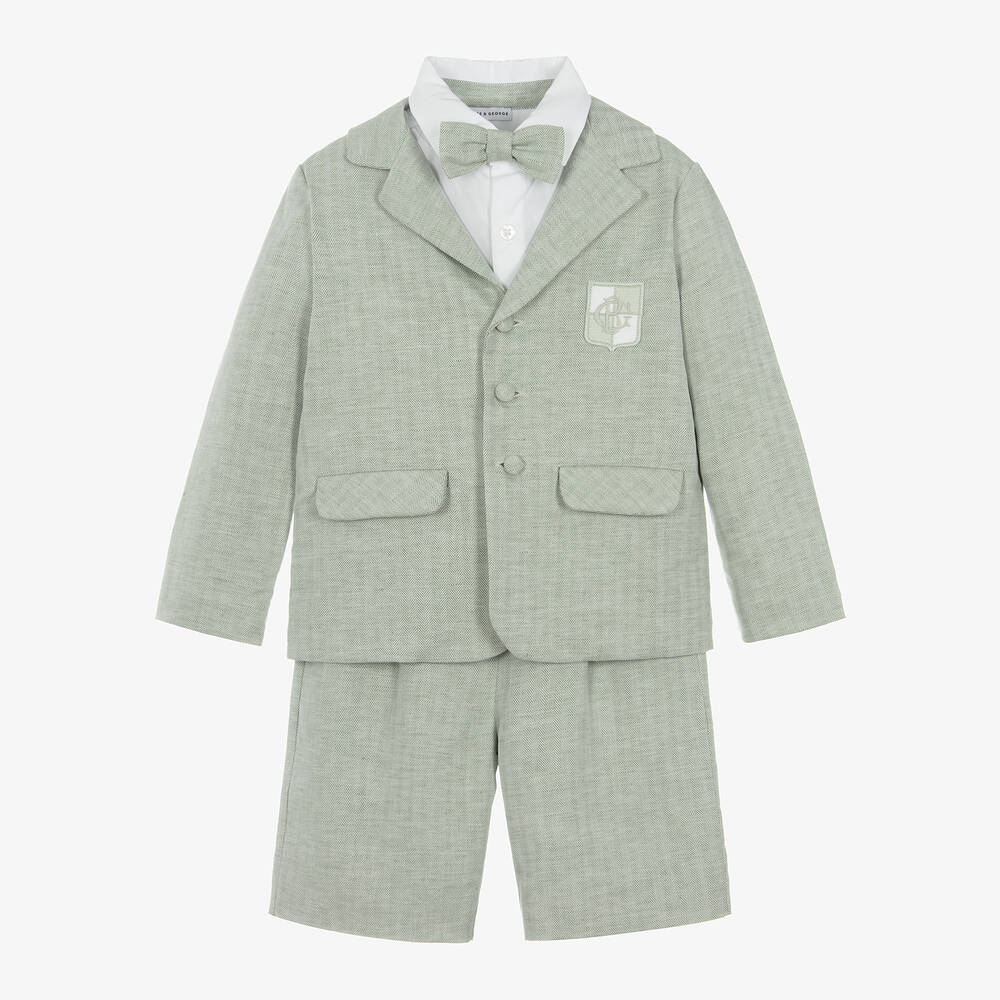 Beatrice & George - Boys Green Cotton & Linen Shorts Suit | Childrensalon