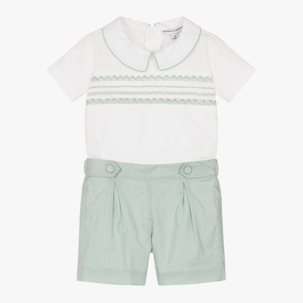 Beatrice & George - Boys Green Hand-Smocked Cotton Buster Suit | Childrensalon