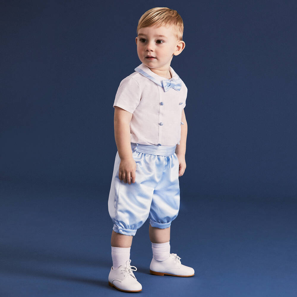 Beatrice & George-Boys Pale Blue Satin Buster Suit | Childrensalon