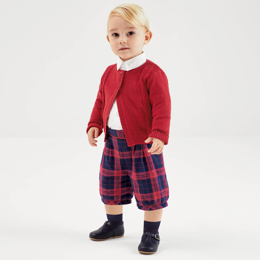 Beatrice & George-Boys Red & Blue Tartan Buster Suit Set | Childrensalon