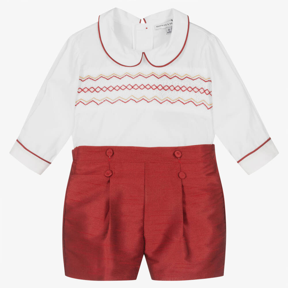 Beatrice & George - Boys Red Dupion Hand-Smocked Buster Suit | Childrensalon