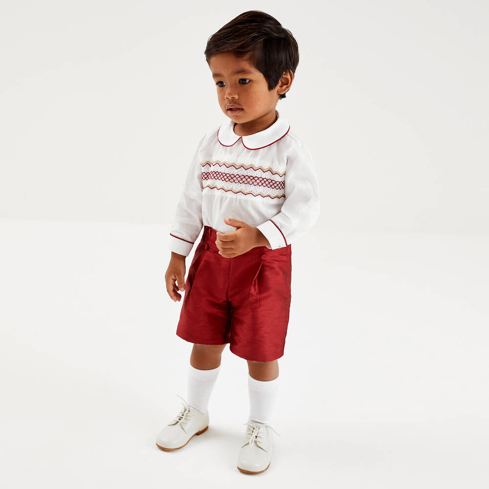 Beatrice & George-Boys Red Dupion Hand-Smocked Buster Suit | Childrensalon