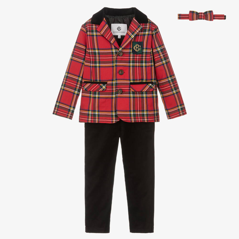 Beatrice & George - Boys Red Tartan & Black Velvet Suit | Childrensalon