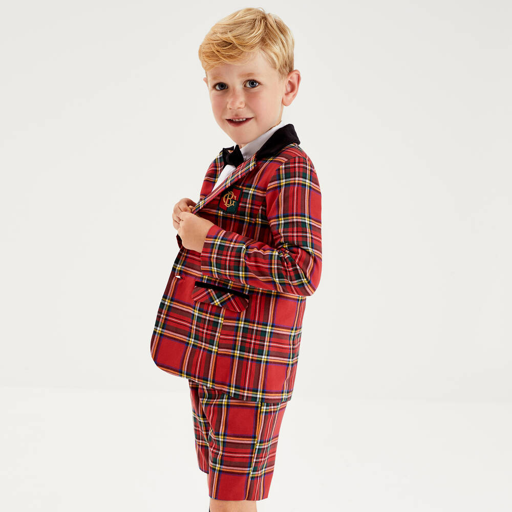 Beatrice & George-Boys Red Tartan Shorts Suit | Childrensalon