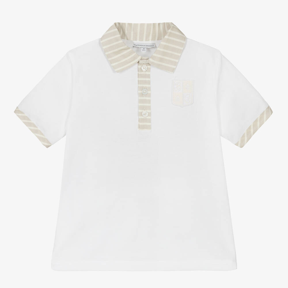 Beatrice & George - Boys White & Beige Cotton Polo Shirt | Childrensalon
