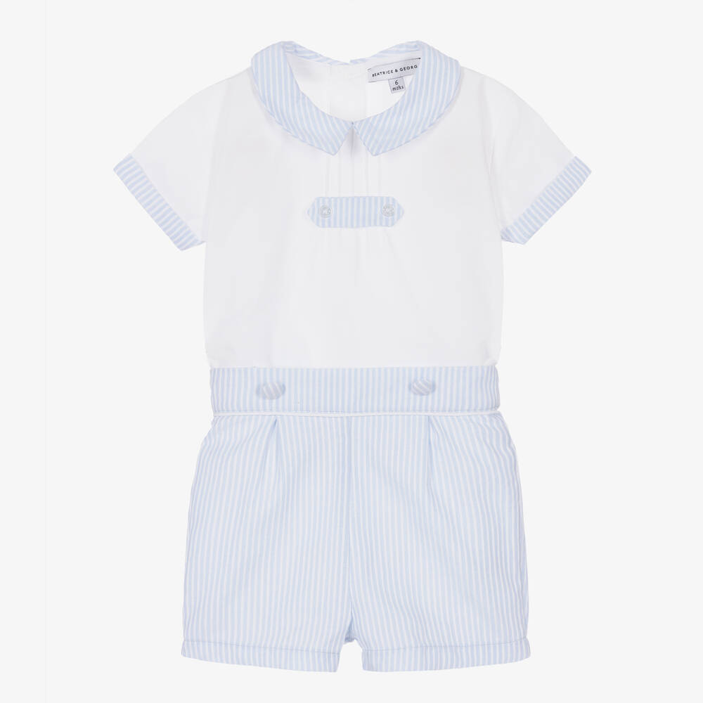 Beatrice & George - Boys White & Blue Cotton Buster Suit | Childrensalon