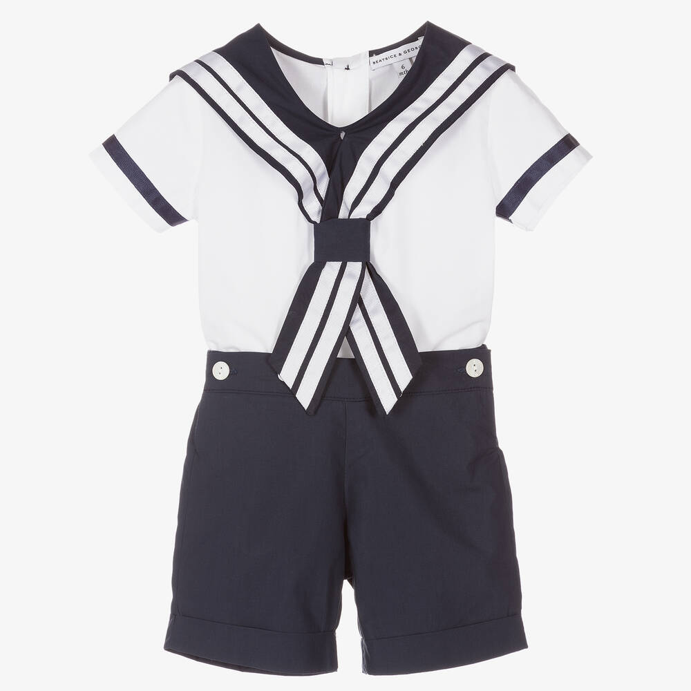 Beatrice & George - Boys White & Blue Cotton Sailor Buster Suit | Childrensalon