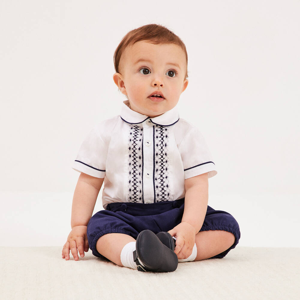 Beatrice & George-Boys White & Blue Hand-Smocked Buster Suit | Childrensalon