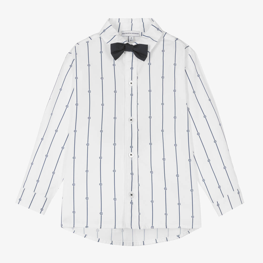 Beatrice & George - Белая рубашка из хлопка в синюю полоску и галстук-бабочка | Childrensalon
