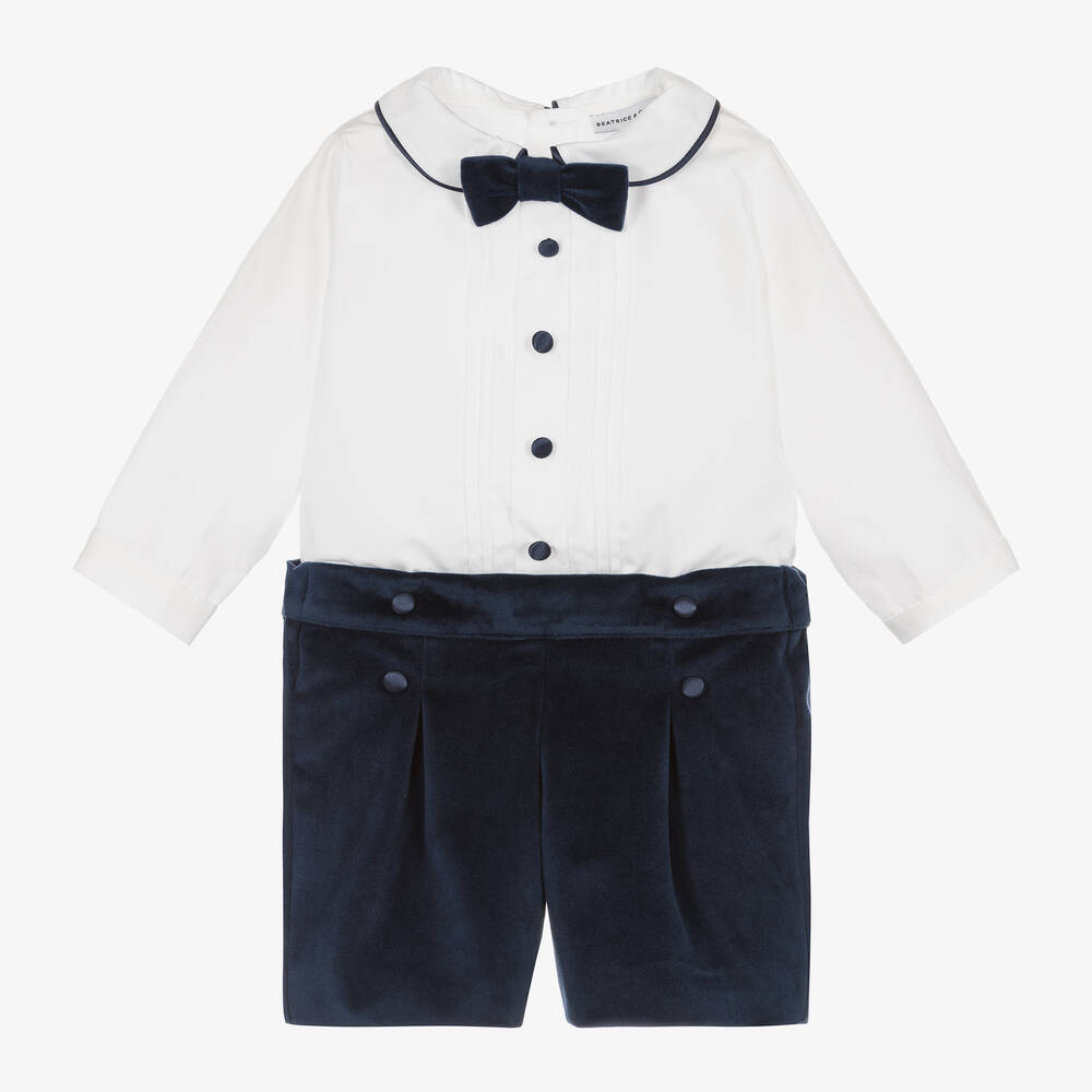 Beatrice & George - Boys White & Blue Velvet Buster Suit | Childrensalon