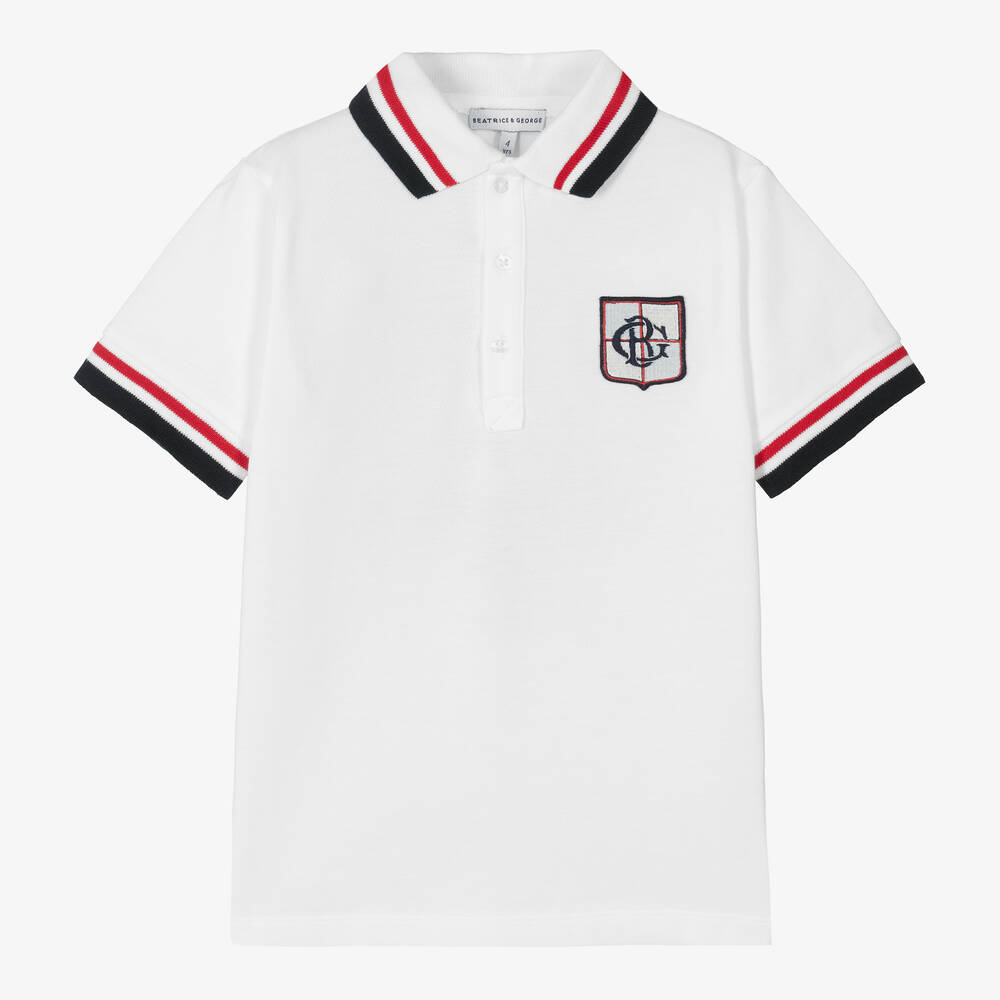 Beatrice & George - Boys White Cotton Piqué Crest Polo Shirt | Childrensalon