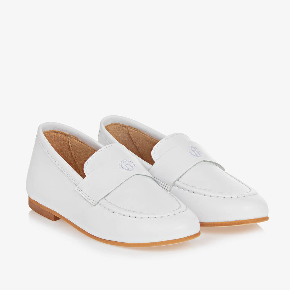 Shop Beatrice & George Boys White Leather Monogram Loafers