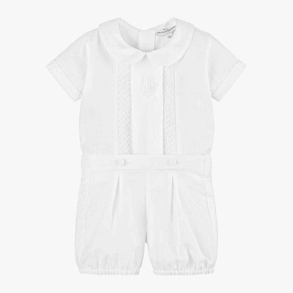 Beatrice & George - Boys White Linen & Cotton Buster Suit | Childrensalon