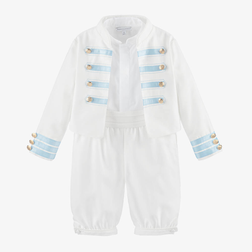 Beatrice & George - Boys White Viscose Military Shorts Suit | Childrensalon