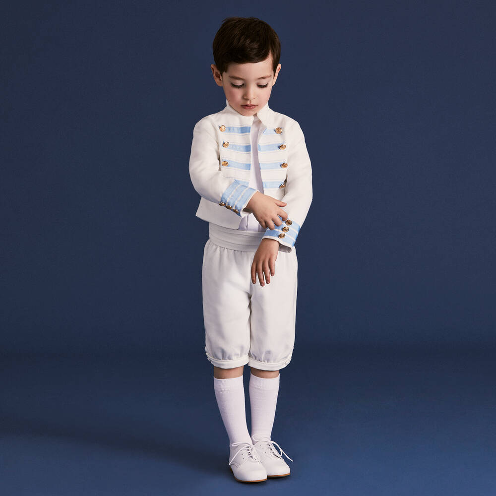 Beatrice & George-Boys White Viscose Military Shorts Suit | Childrensalon