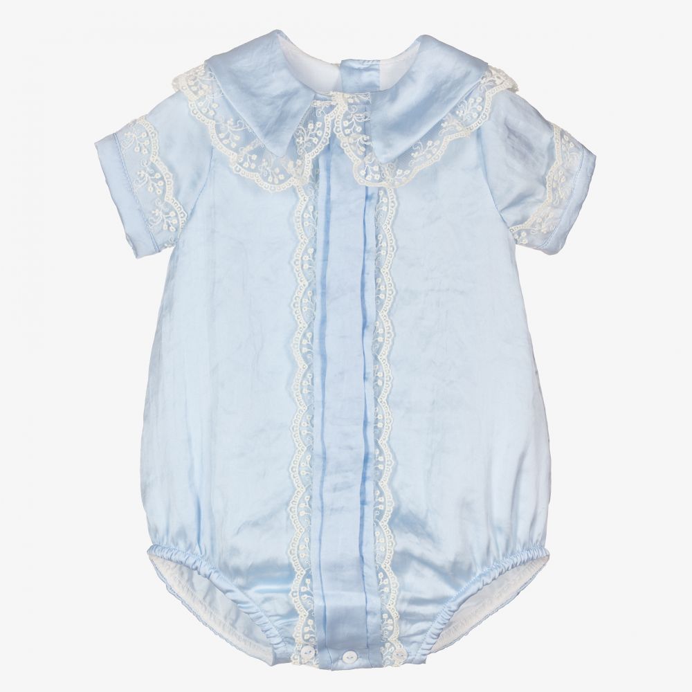 Beatrice & George - Barboteuse bleue smockée en coton bébé fille