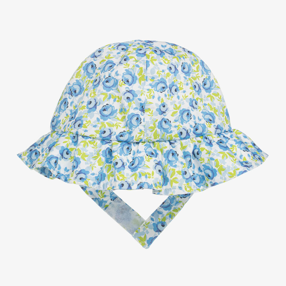 Beatrice & George - قبعة للشمس قطن بوبلين لون أزرق بطبعة ورود | Childrensalon