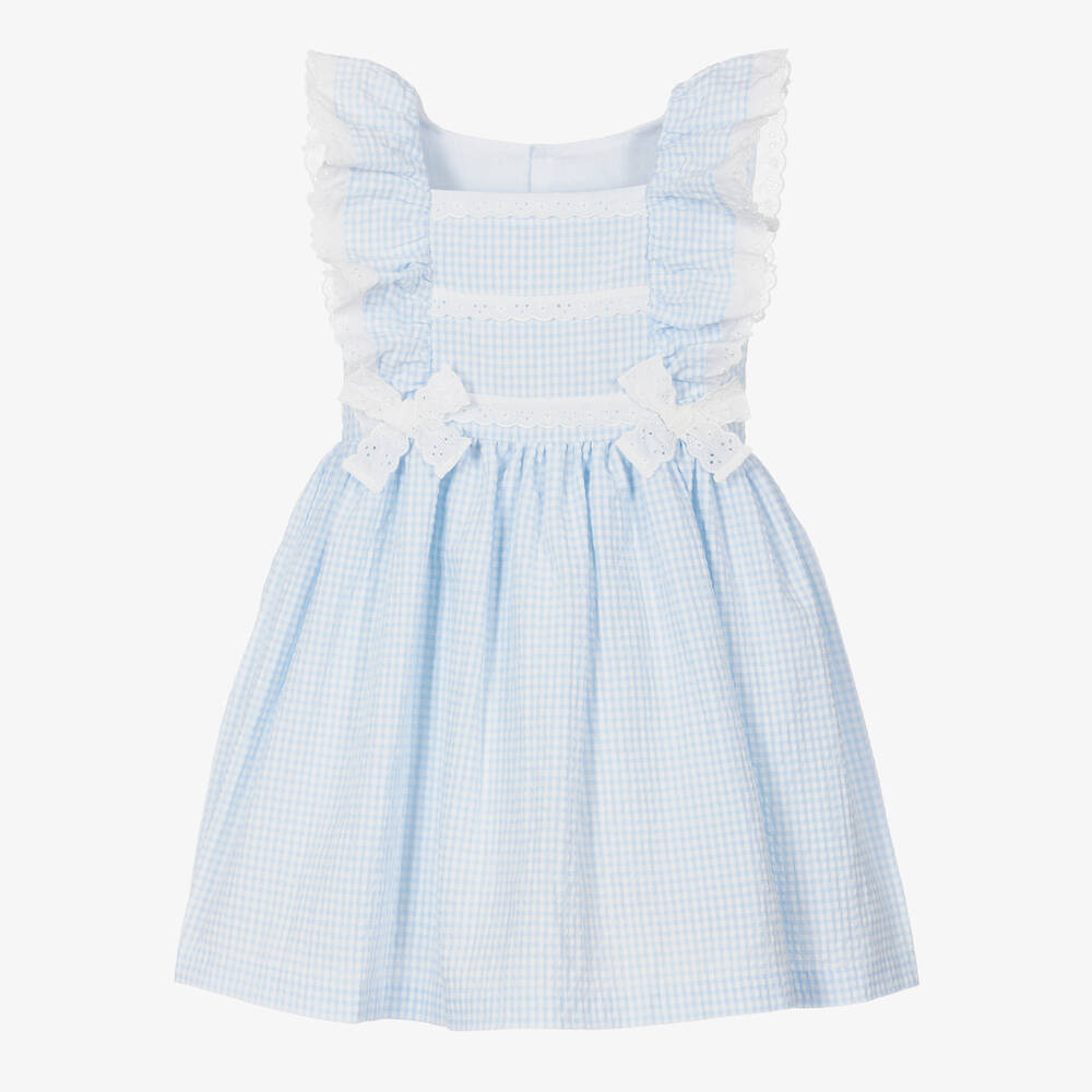 Beatrice & George - Бело-голубое платье из хлопка в мелкую клетку | Childrensalon