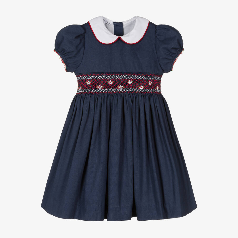 Beatrice & George - Girls Blue Cotton Hand-Smocked Dress | Childrensalon