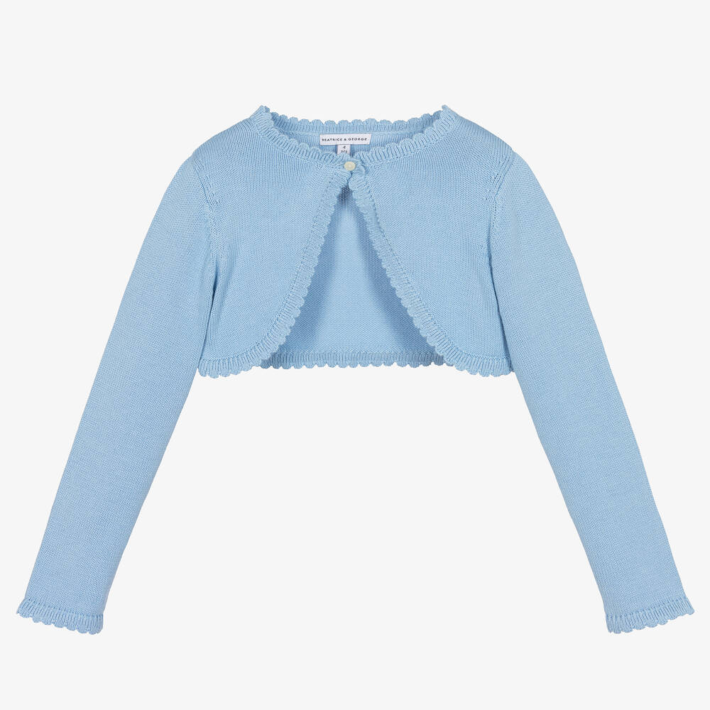 Beatrice & George - Girls Blue Cotton Knit Bolero Cardigan | Childrensalon