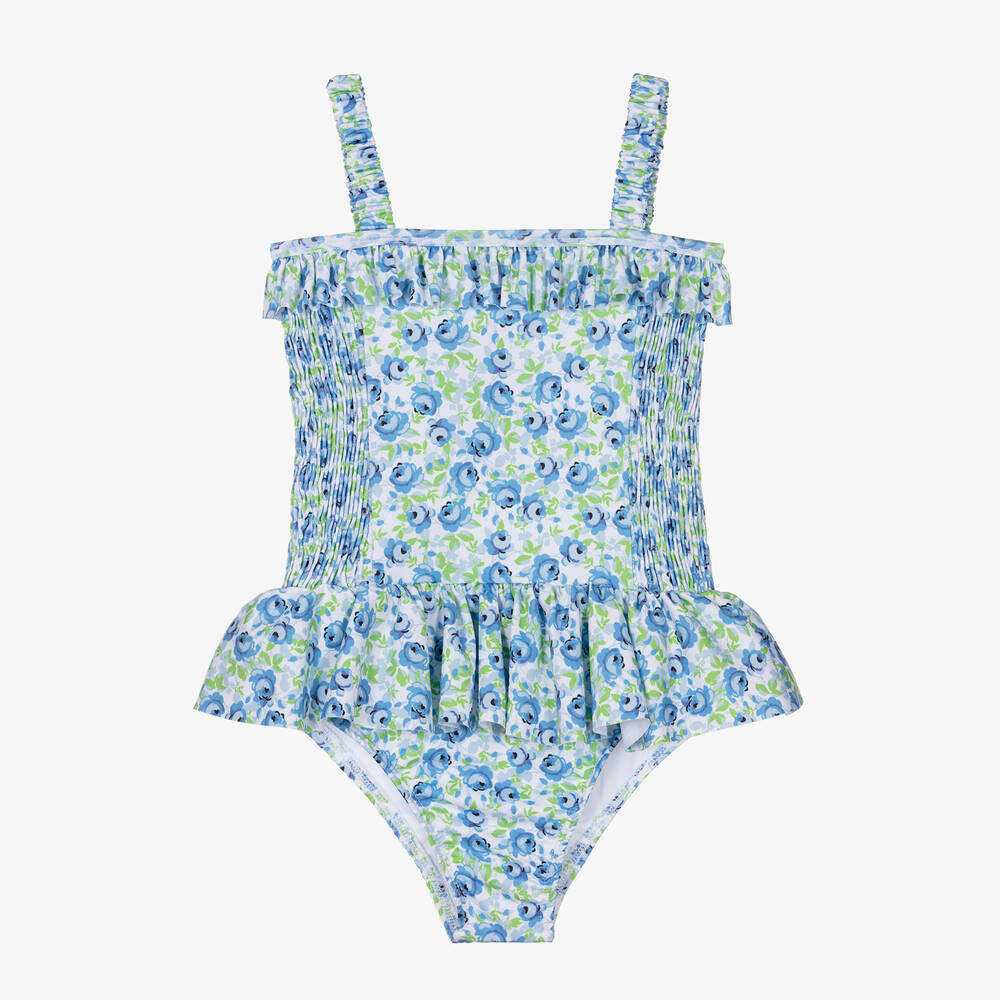Beatrice & George - Girls Blue Floral Ruched Swimsuit (UPF50+) | Childrensalon