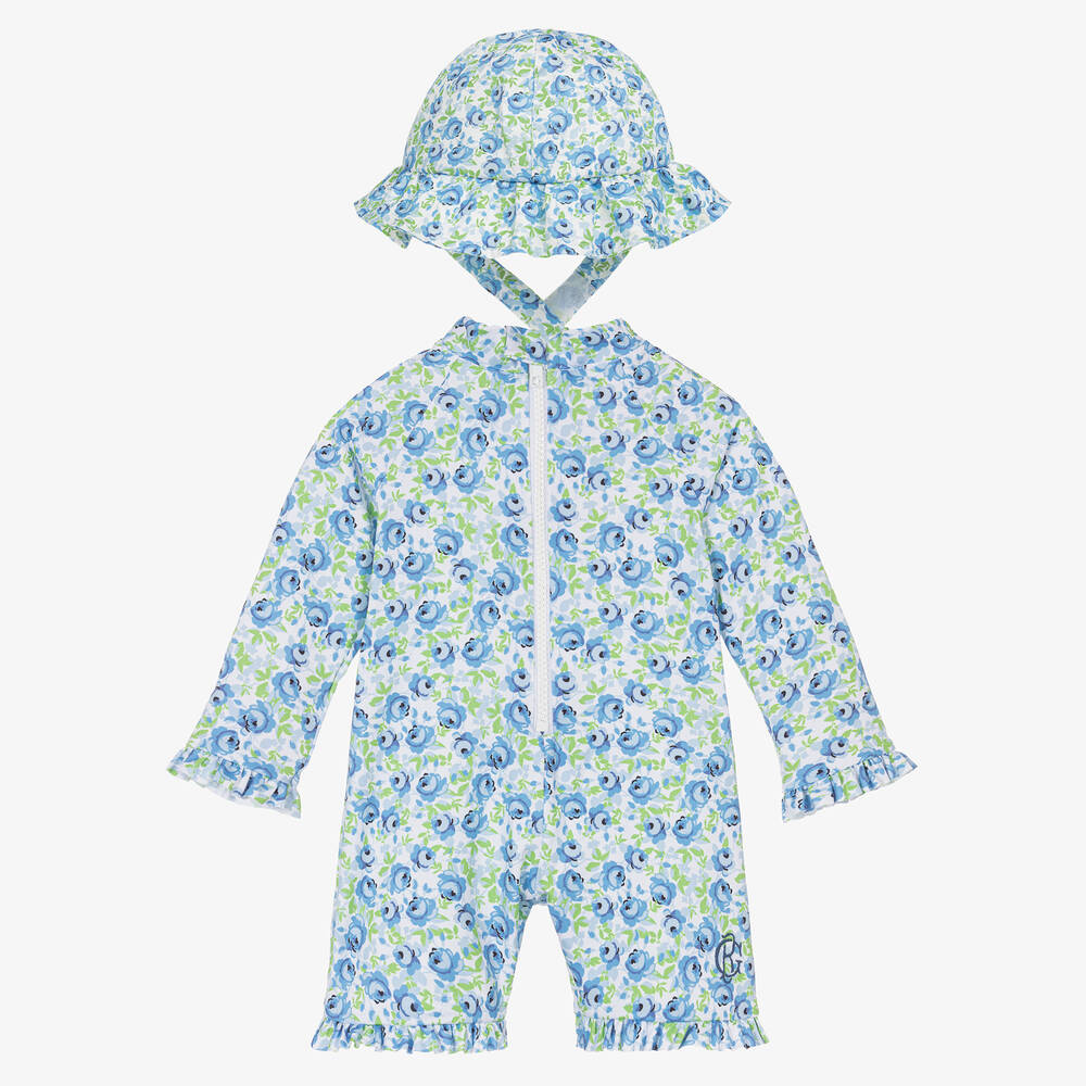 Beatrice & George - Girls Blue Floral Sun Suit Set | Childrensalon