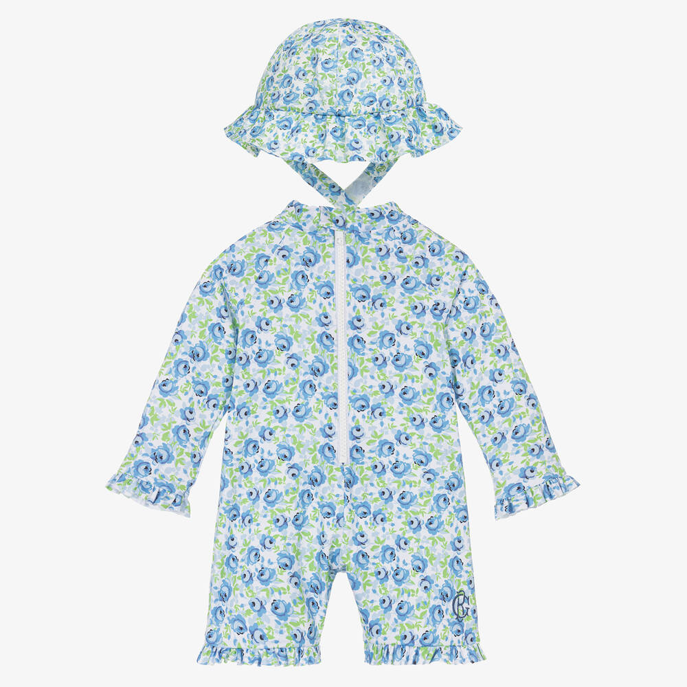 Beatrice & George - Girls Blue Floral Sun Suit Set (UPF50+) | Childrensalon