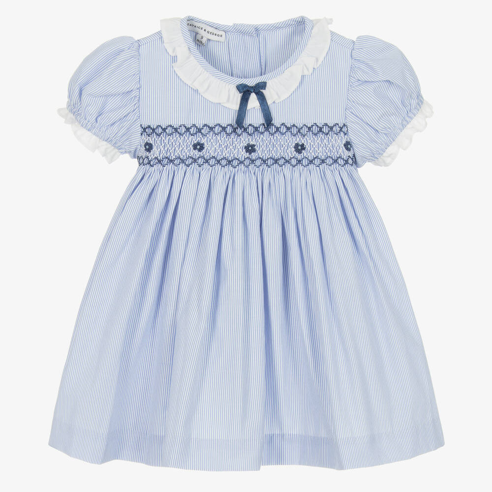 Beatrice & George - طقم فستان مطرز سموكينغ قطن لون أزرق وأبيض | Childrensalon