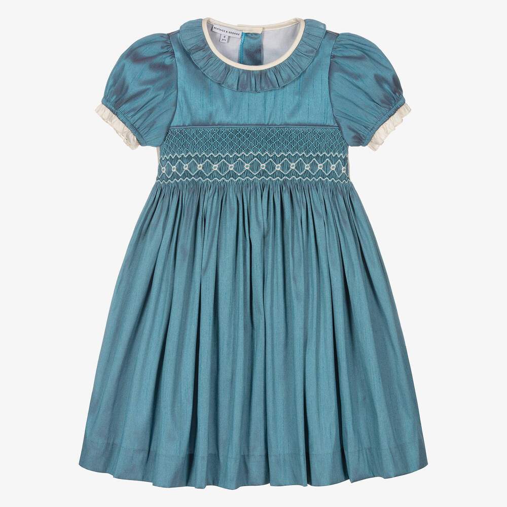 Beatrice & George - Girls Blue Hand-Smocked Dupion Dress | Childrensalon