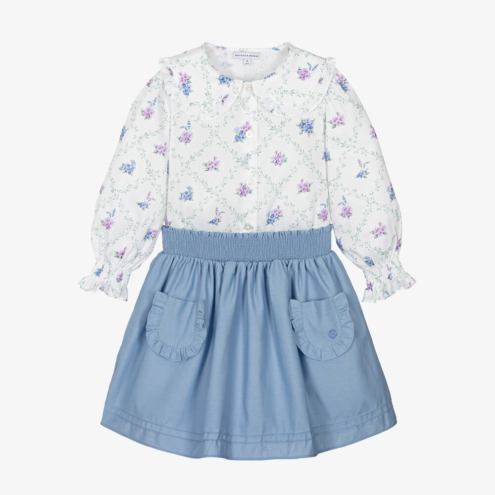 Beatrice & George - Girls Blue Linen & Cotton Skirt Set | Childrensalon