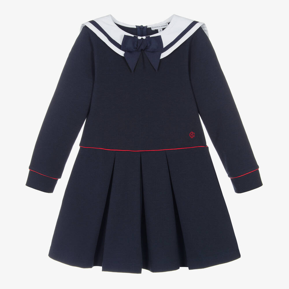 Beatrice & George - Girls Blue Milano Cotton Jersey Sailor Dress | Childrensalon