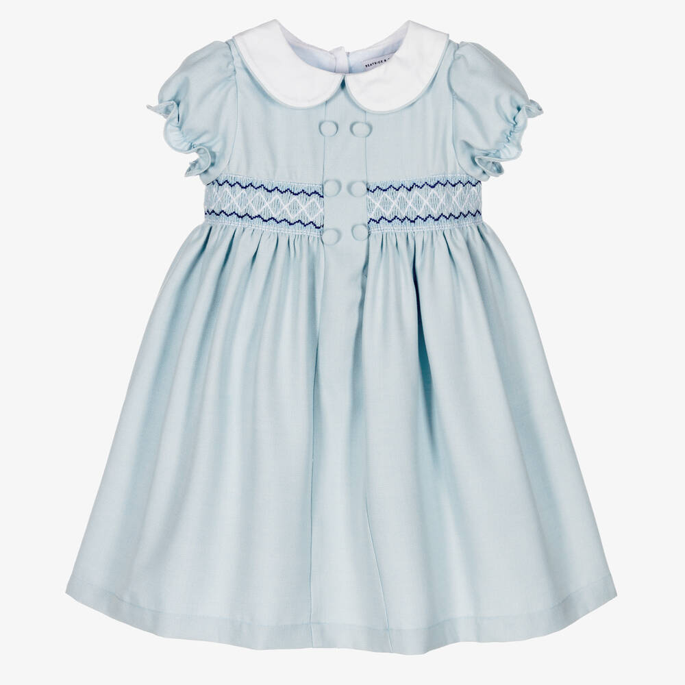Beatrice & George - Girls Blue Smocked Viscose Dress | Childrensalon