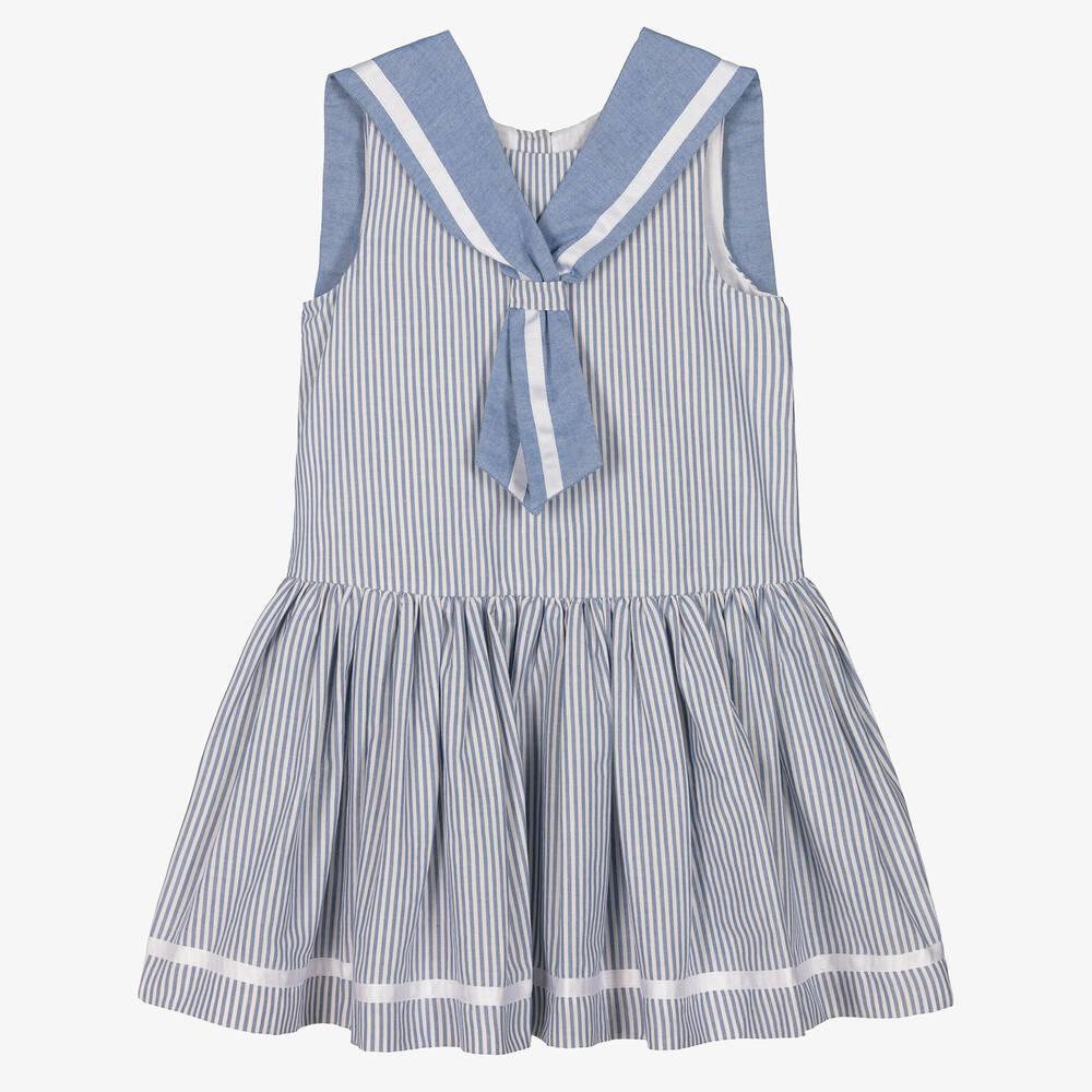 Beatrice & George - Girls Blue Striped Cotton Sailor Dress | Childrensalon