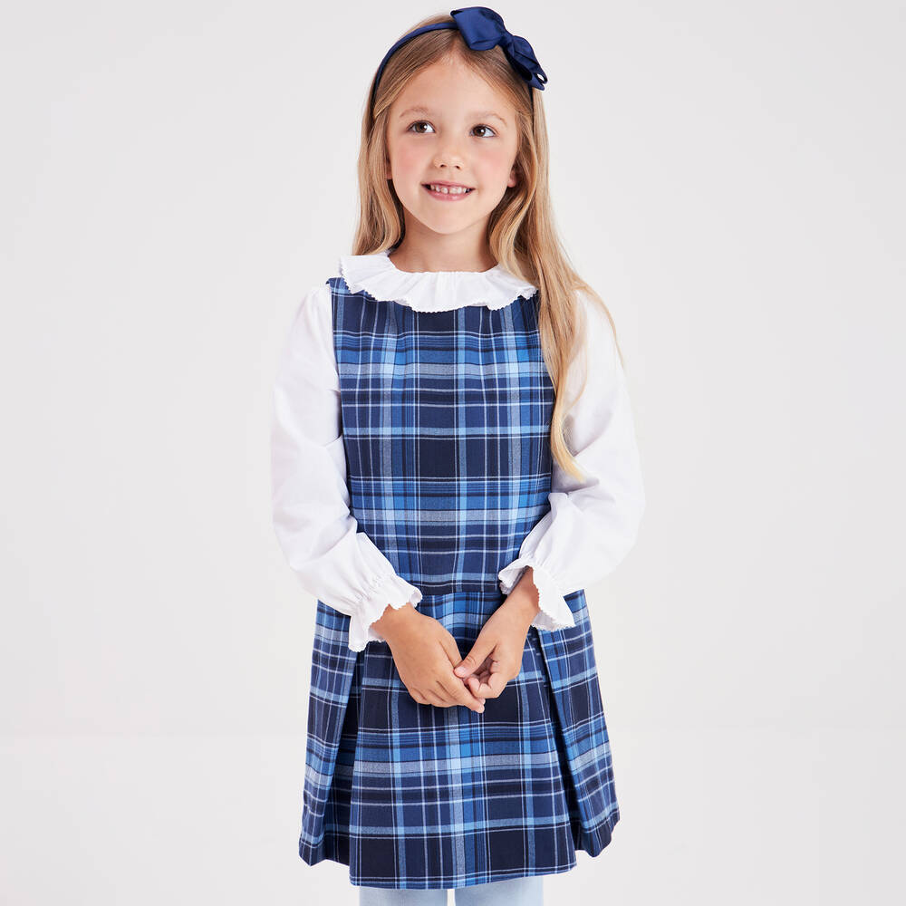 Beatrice & George-Girls Blue Tartan Pinafore Dress Set | Childrensalon