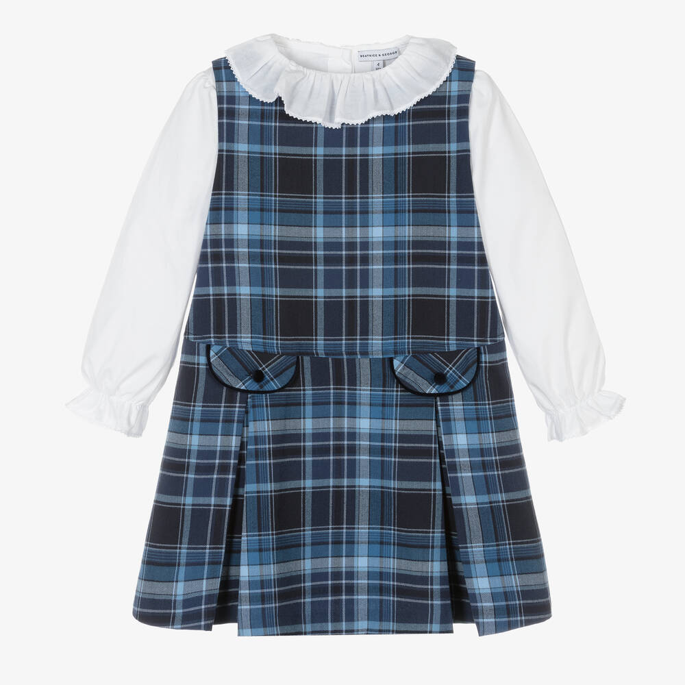 Beatrice & George - طقم فستان بينافور تارتان قطن لون أزرق | Childrensalon