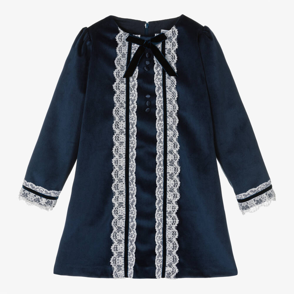 Beatrice & George - Robe bleue en velours et dentelle  | Childrensalon