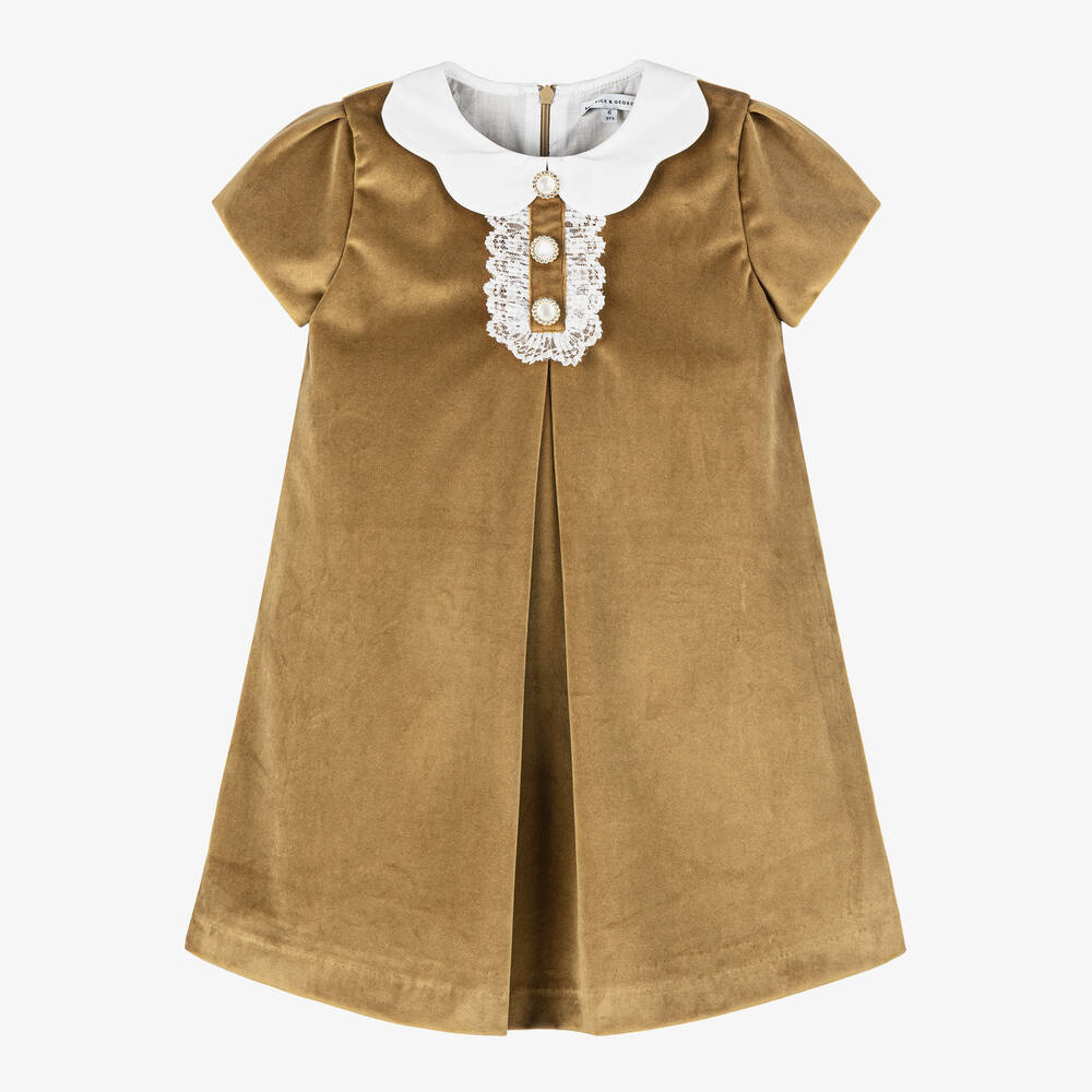 Beatrice & George - Girls Dark Gold Velvet Dress | Childrensalon