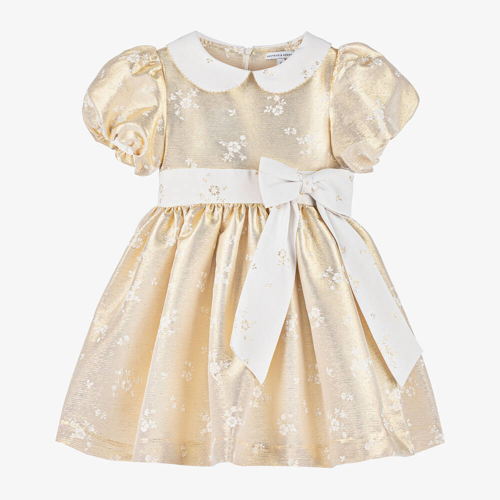 Beatrice & George - Girls Gold Floral Jacquard Dress | Childrensalon