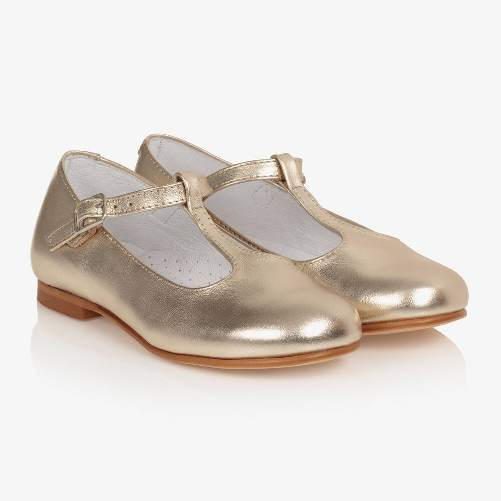 Beatrice & George - Girls Gold Leather T-Bar Shoes | Childrensalon