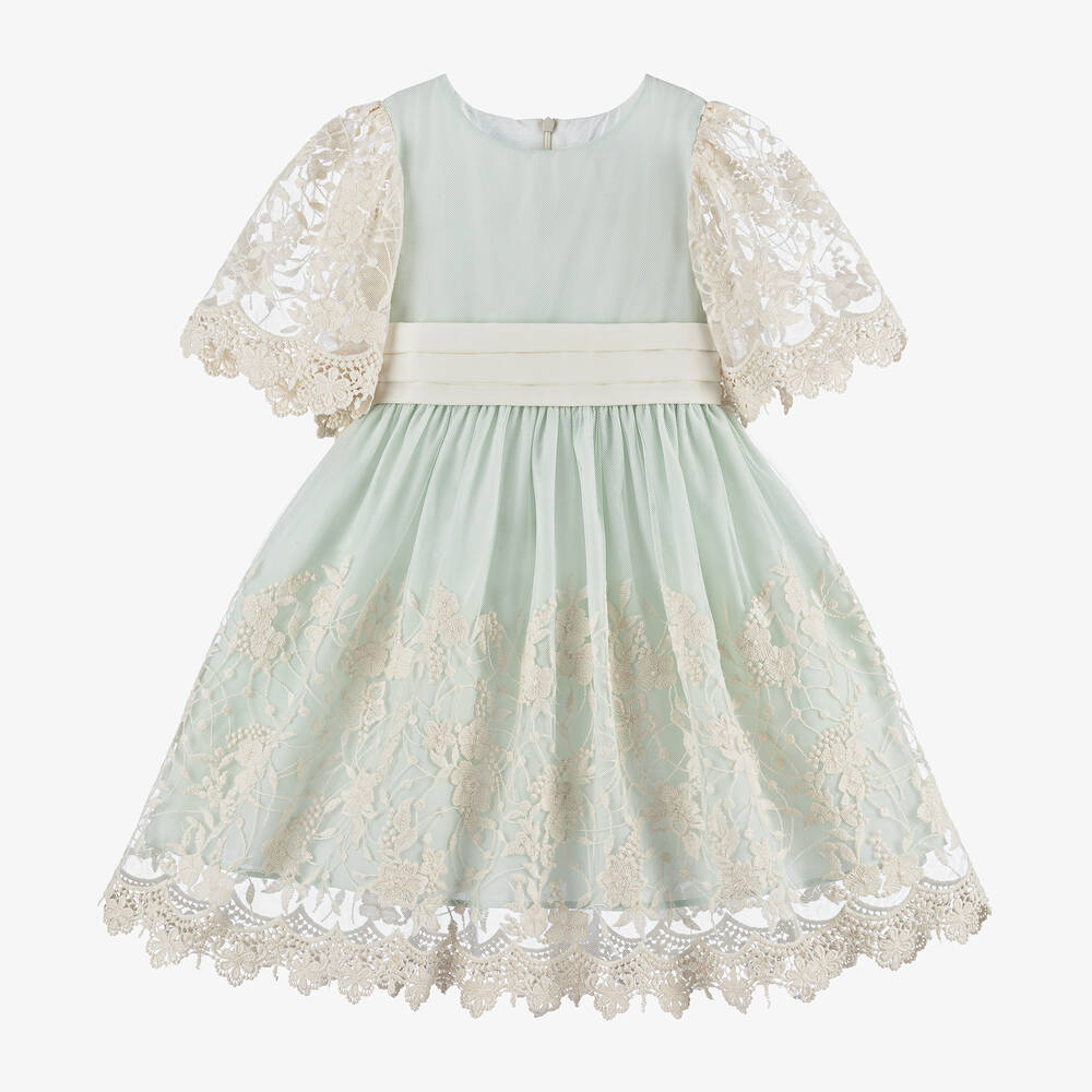 Beatrice & George - Girls Green & Ivory Embroidered Tulle Dress | Childrensalon